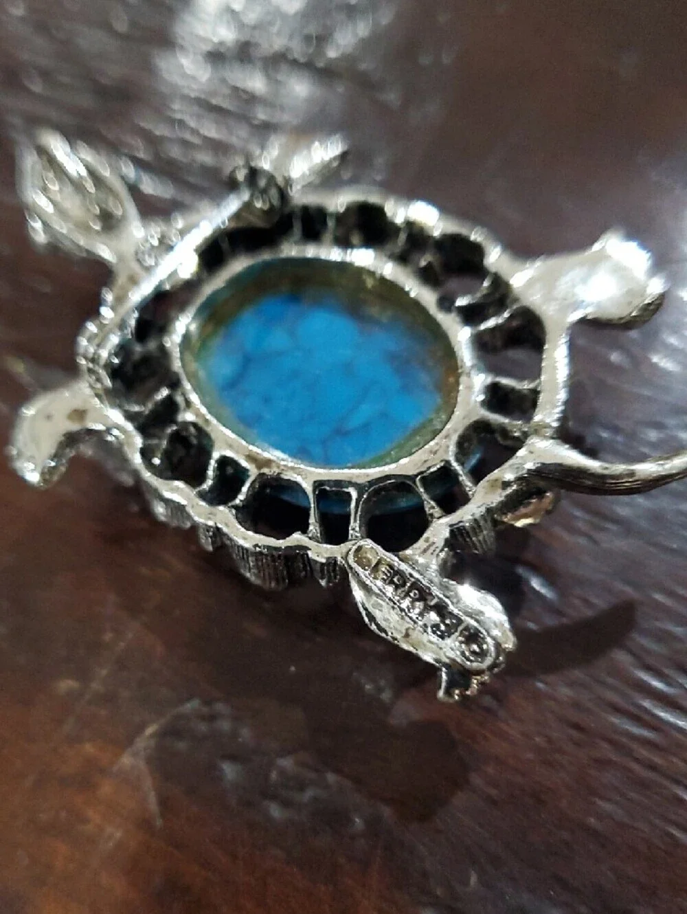 Silver Turtle Pendant with Blue Turquoise Stone